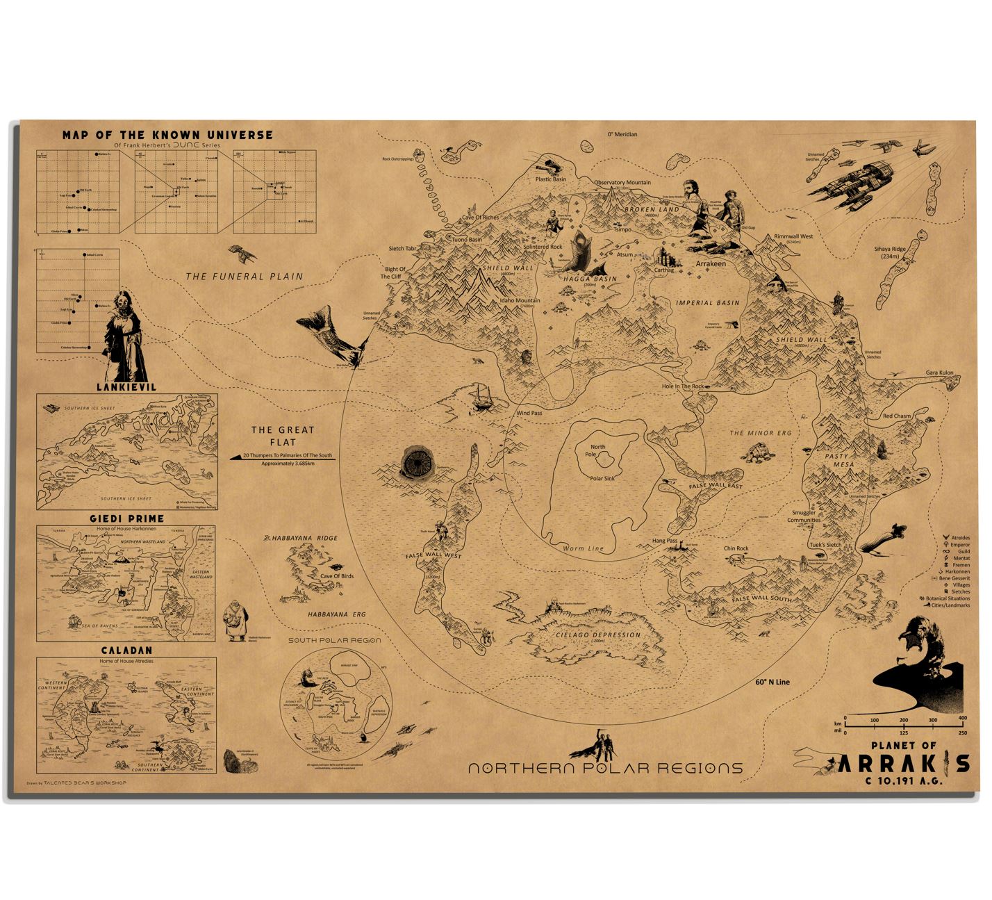 The Planet of Arrakis, Frank Herbert's Dune Universe Map