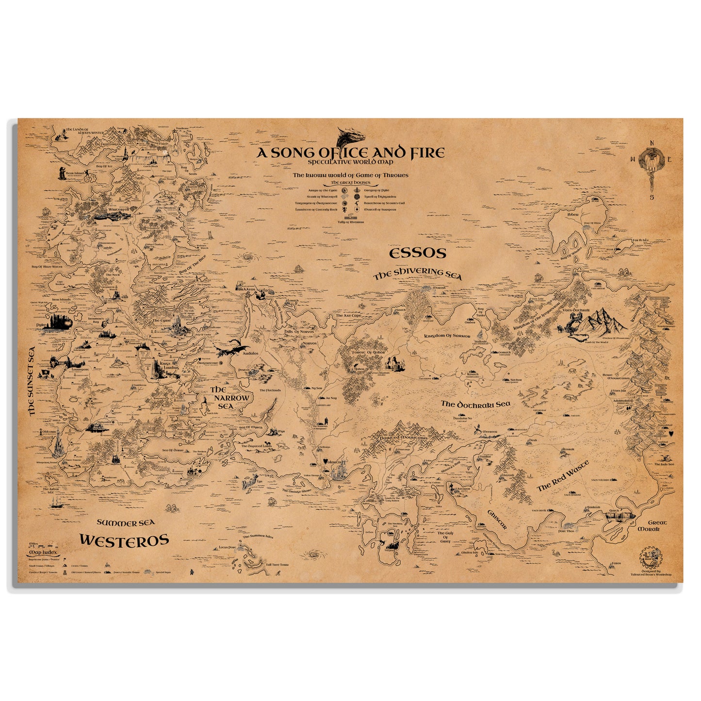 Game Of Thrones The Known World Map, ASOIAF Universe Westeros and Essos Map